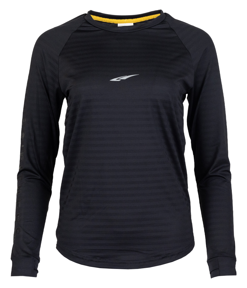 Men’s black S/S Raglan Perforated Knit Tee with yellow text "LA | FITNESS"