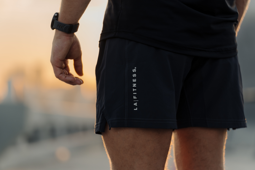 Charcoal Mens short with drawstring and white LA Fitness logo on left leg