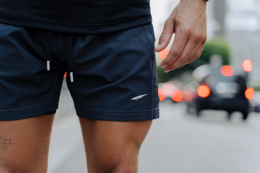 Charcoal Mens short with drawstring and white LA Fitness logo on left leg