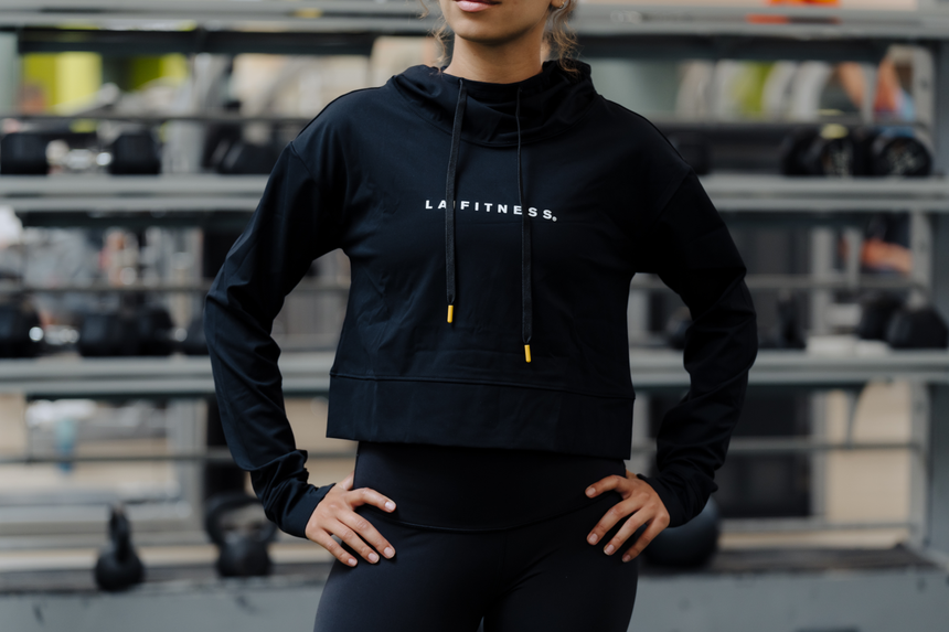 Ladies Black Cowl Neck Hoodie with white "LA | Fitness" text on front