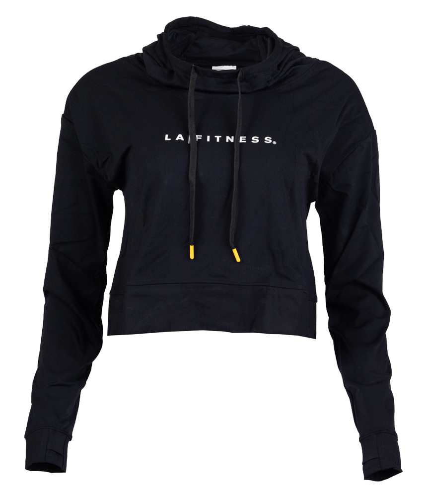 Ladies Black Cowl Neck Hoodie with white "LA | Fitness" text on front