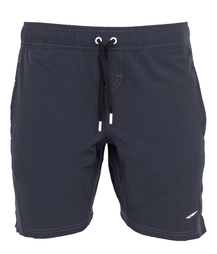 Charcoal Mens short with drawstring and white LA Fitness logo on left leg