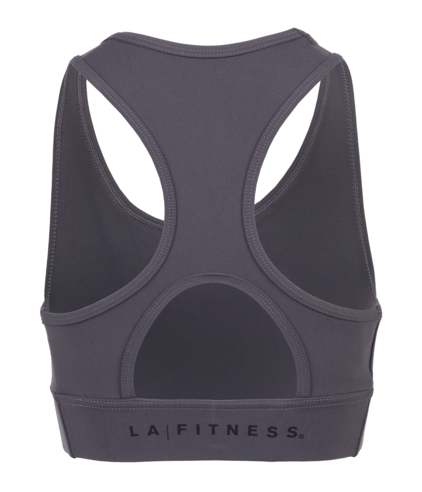Charcoal compression bra with LA Fitness logo on front