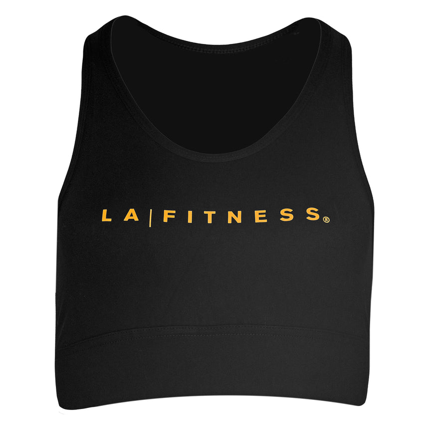 photo of compression bra 2.0 in black with la fitness logo on front in yellow